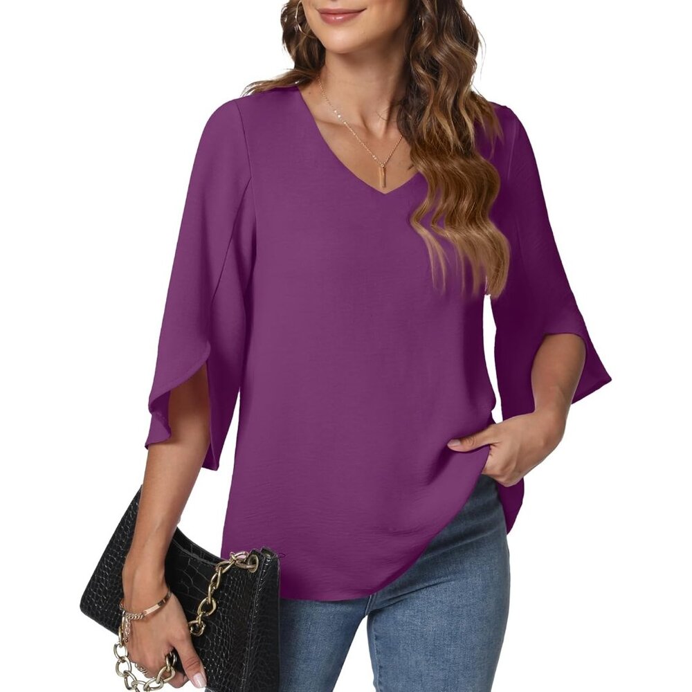 Womens 2024 Casual V-Neck Loose Tunic Top V/ Purple